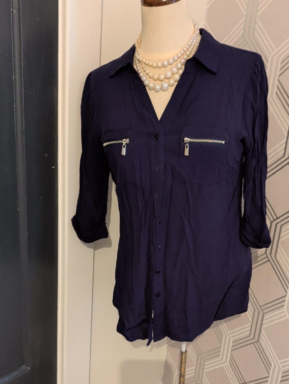 Women's Dark Navy Button-Down Shirt with Zip Pockets